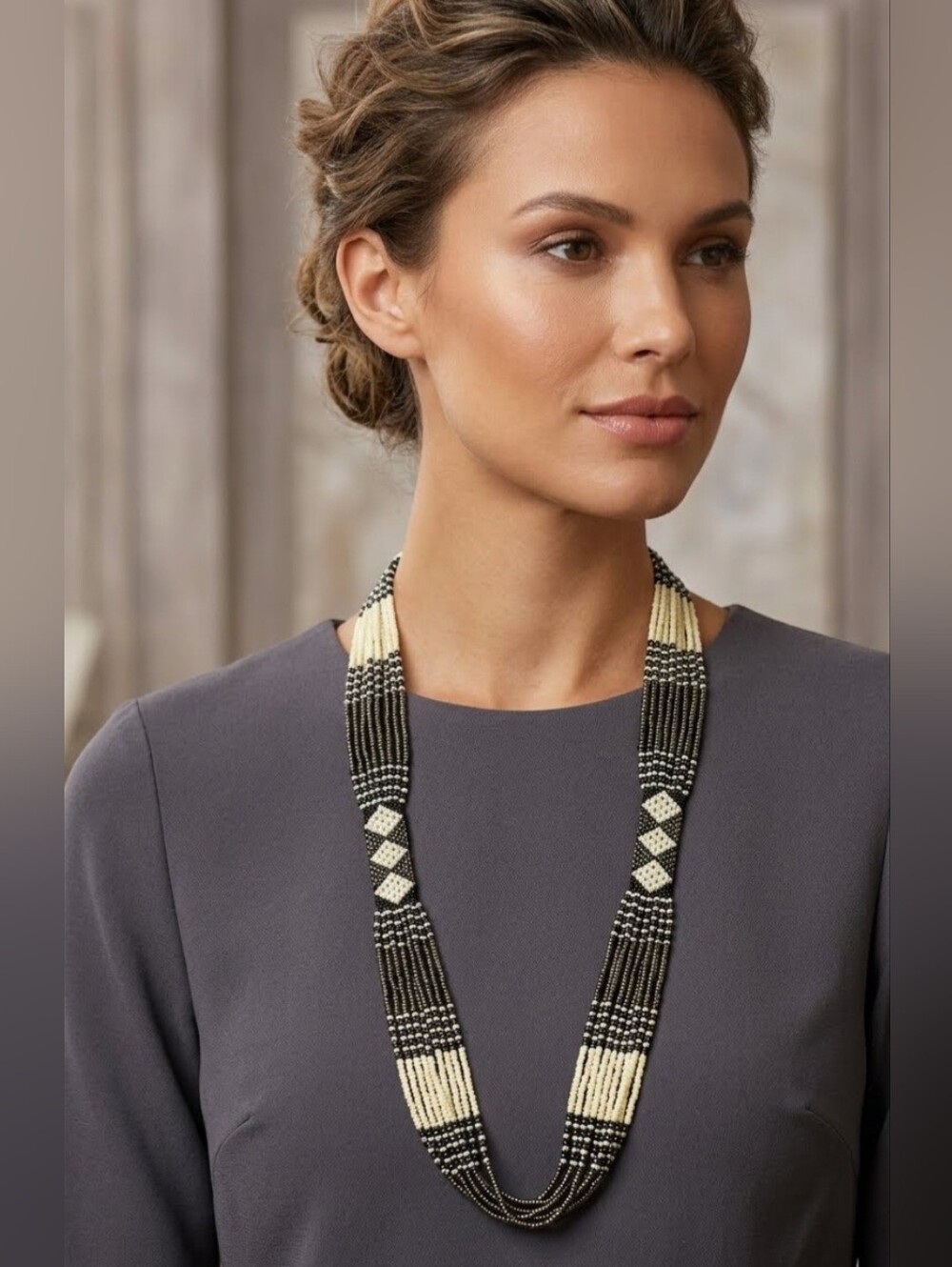 Vintage Handcrafted Black and Cream Seed Beaded Multi-Strand Necklace